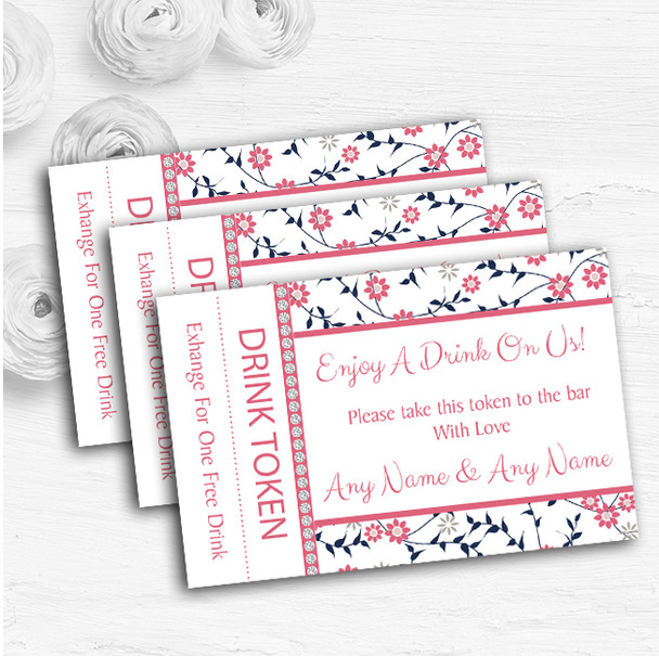 Dusty Coral Pink And Navy Blue Floral Personalised Wedding Bar Free Drink Tokens