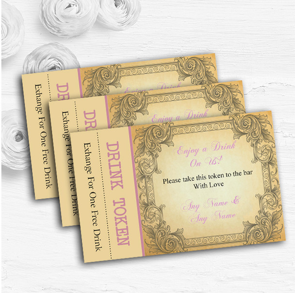 Typography Vintage Pale Pink Postcard Personalised Wedding Bar Free Drink Tokens