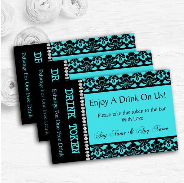 Aqua Sky Blue Black Damask & Diamond Personalised Wedding Bar Free Drink Tokens