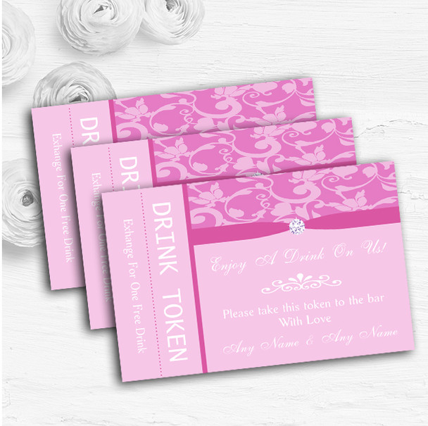 Dusty Pale Baby Rose Pink Floral Damask Diamante Wedding Bar Free Drink Tokens