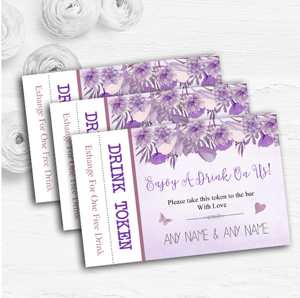 Cadbury Purple & Lilac Watercolour Floral Custom Wedding Bar Free Drink Tokens