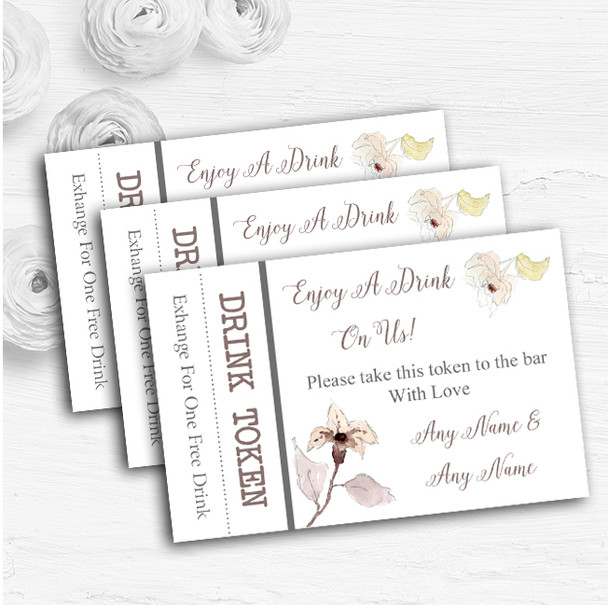 Beautiful Peach Watercolour Flowers Personalised Wedding Bar Free Drink Tokens