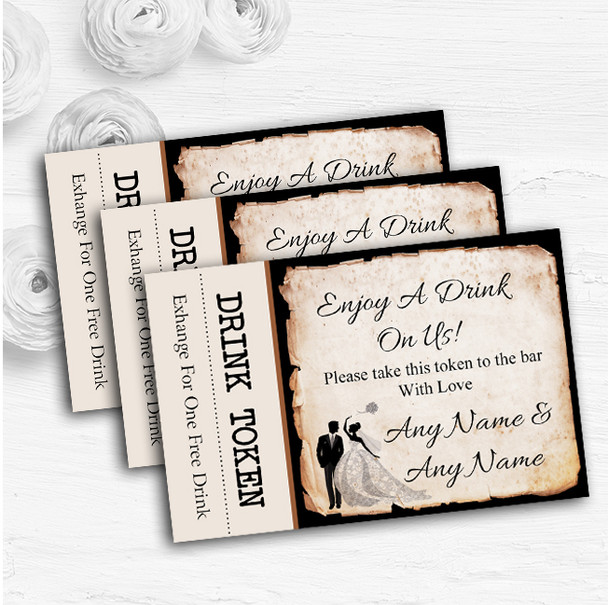 Black White Vintage Rustic Postcard Personalised Wedding Bar Free Drink Tokens