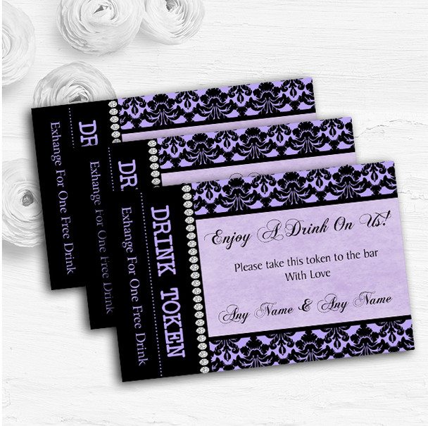 Lilac Purple Black Damask & Diamond Personalised Wedding Bar Free Drink Tokens