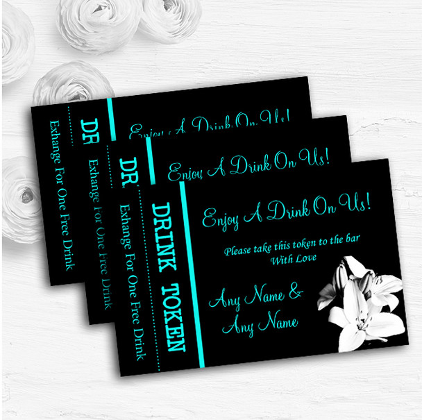 Stunning Lily Black White Turquoise Personalised Wedding Bar Free Drink Tokens