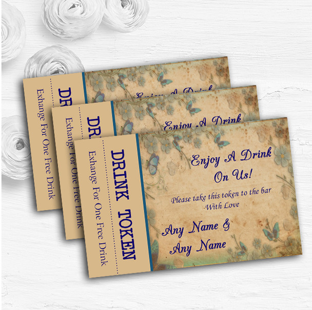 Blue Floral Vintage Shabby Chic Postcard Custom Wedding Bar Free Drink Tokens