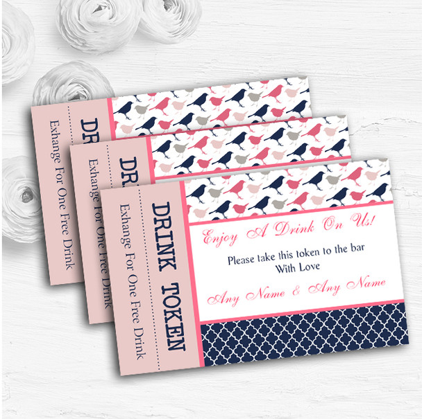 Navy Blue & Coral Pink Shabby Chic Birds Custom Wedding Bar Free Drink Tokens