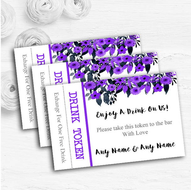 Watercolour Black & Purple Floral Header Custom Wedding Bar Free Drink Tokens