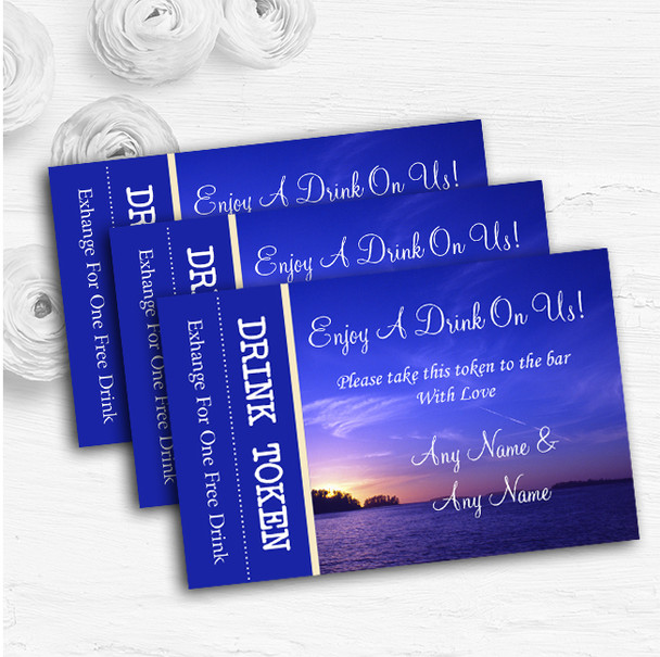 Beautiful Blue Purple Sunset Beach Personalised Wedding Bar Free Drink Tokens