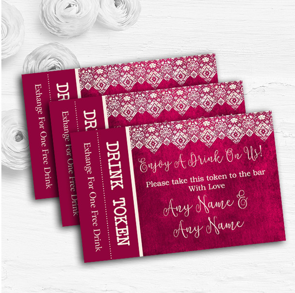 Berry Pink Old Paper & Lace Effect Personalised Wedding Bar Free Drink Tokens