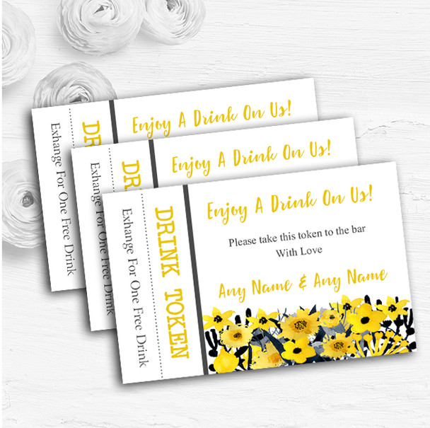 Black & Yellow Watercolour Flowers Personalised Wedding Bar Free Drink Tokens
