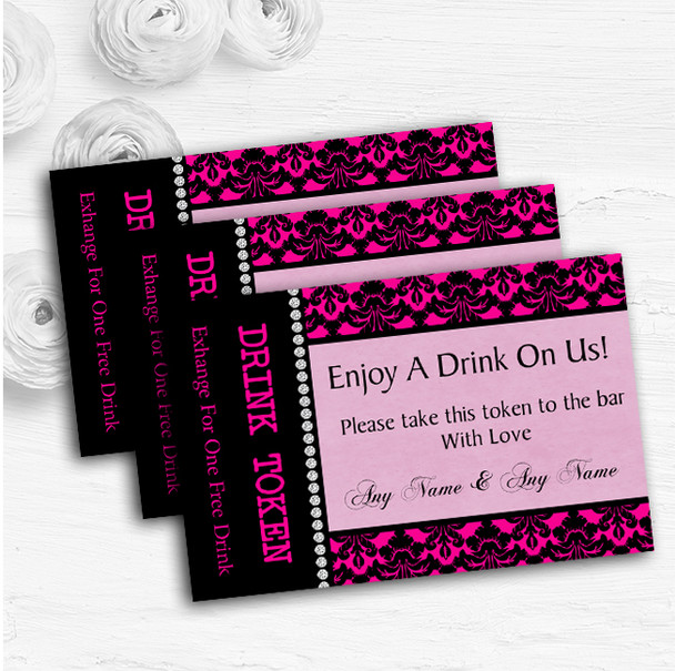 Bright Pink Black Damask & Diamond Personalised Wedding Bar Free Drink Tokens