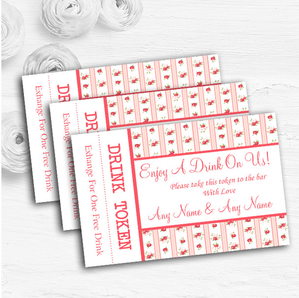 Pink Red Roses Shabby Chic Stripes Personalised Wedding Bar Free Drink Tokens