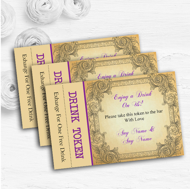 Typography Vintage Purple Postcard Personalised Wedding Bar Free Drink Tokens