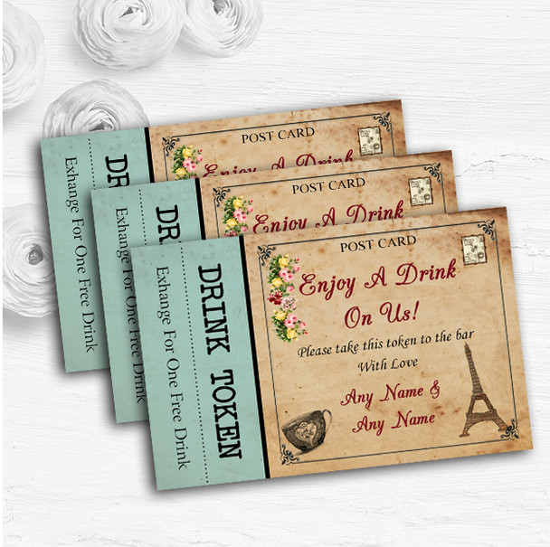 Vintage Paris Shabby Chic Postcard Personalised Wedding Bar Free Drink Tokens