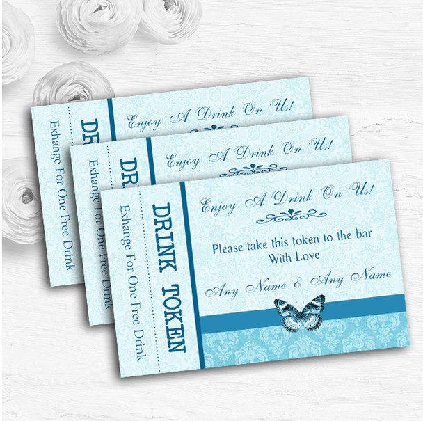 Blue Turquoise Vintage Floral Damask Butterfly Wedding Bar Free Drink Tokens