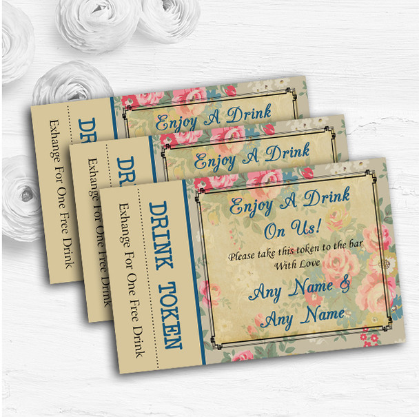 Blue Floral Vintage Paris Shabby Chic Postcard Wedding Bar Free Drink Tokens