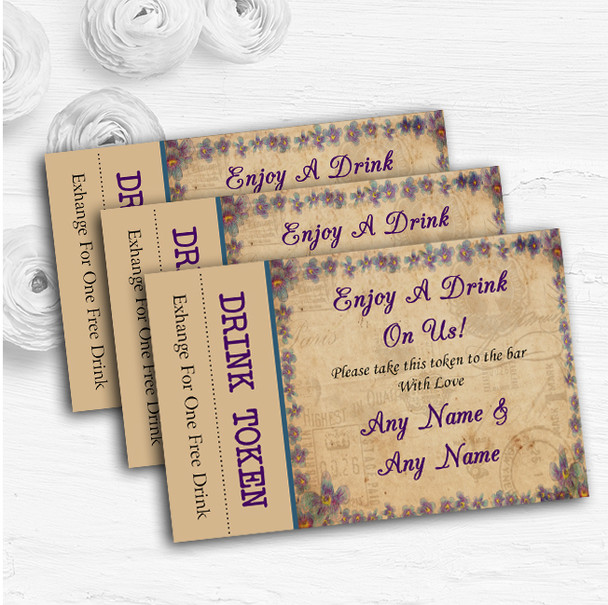 Shabby Chic Vintage Postcard Rustic Blue Stamp Wedding Bar Free Drink Tokens