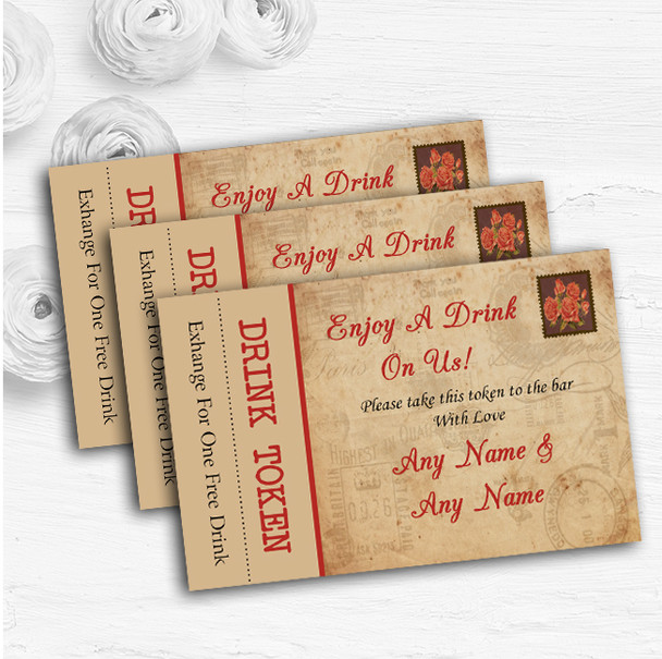 Shabby Chic Vintage Postcard Rustic Rose Stamp Wedding Bar Free Drink Tokens