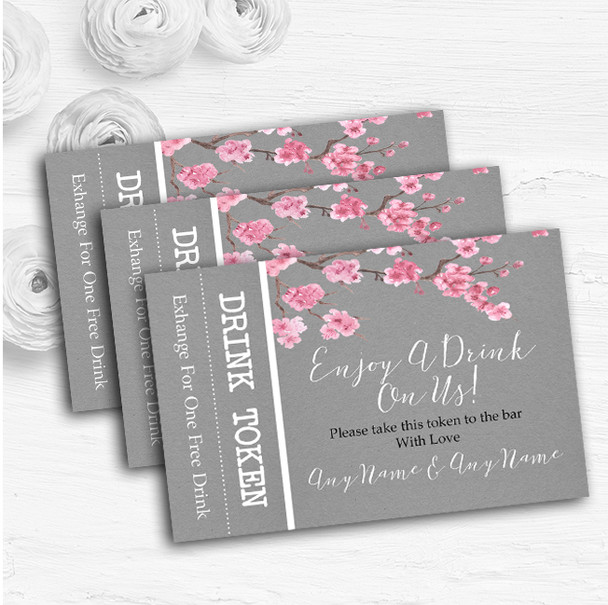 Rustic Vintage Dark Grey & Pink Blossom Custom Wedding Bar Free Drink Tokens