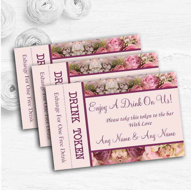 Absolutely Beautiful Pink Flowers Personalised Wedding Bar Free Drink Tokens