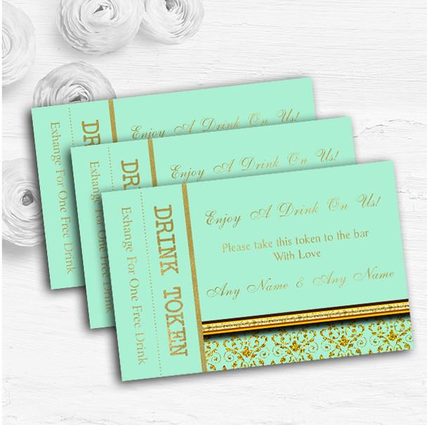 Mint Green & Gold Vintage Damask Personalised Wedding Bar Free Drink Tokens