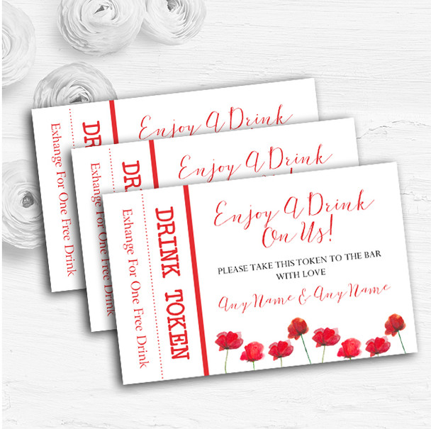 Stunning Watercolour Poppies Red Personalised Wedding Bar Free Drink Tokens