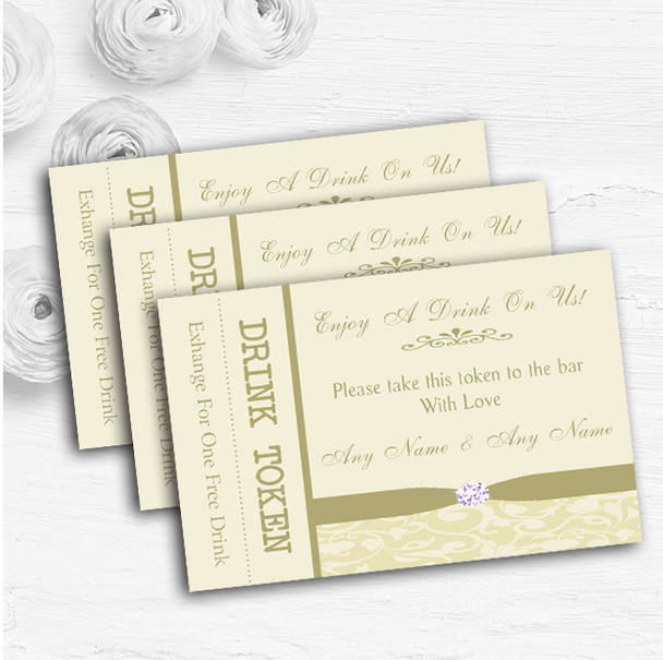 Cream Pale Gold Beige Floral Damask Diamante Wedding Bar Free Drink Tokens