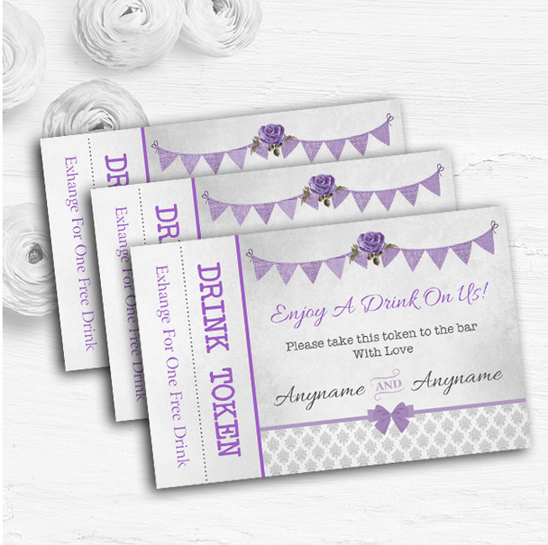 Vintage Rustic Style Bunting Purple & Silver Wedding Bar Free Drink Tokens