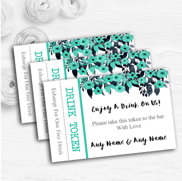 Watercolour Black & Aqua Green Floral Header Wedding Bar Free Drink Tokens