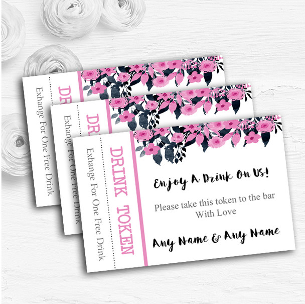 Watercolour Black & Dusty Pink Floral Header Wedding Bar Free Drink Tokens