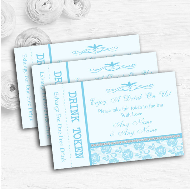 Pretty Sky Blue Floral Diamante Personalised Wedding Bar Free Drink Tokens