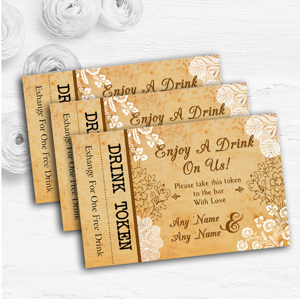Shabby Chic Rustic Vintage Lace Personalised Wedding Bar Free Drink Tokens