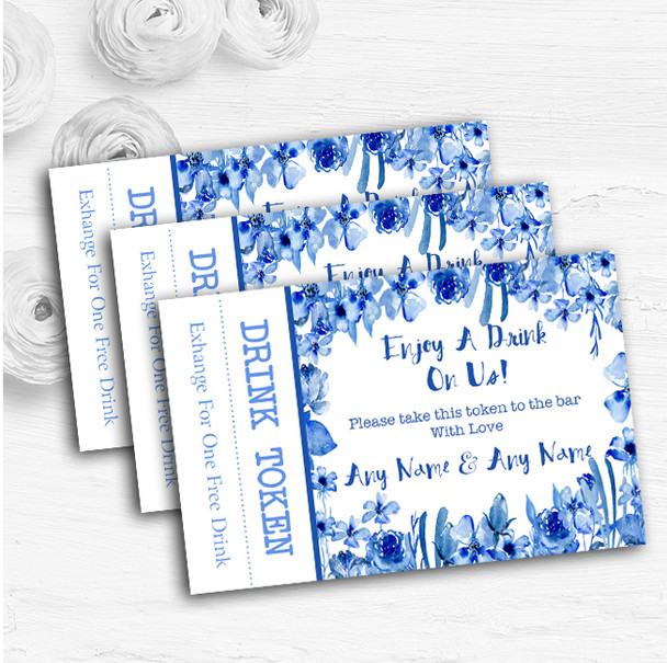 Watercolour Indigo Blue Floral Personalised Wedding Bar Free Drink Tokens