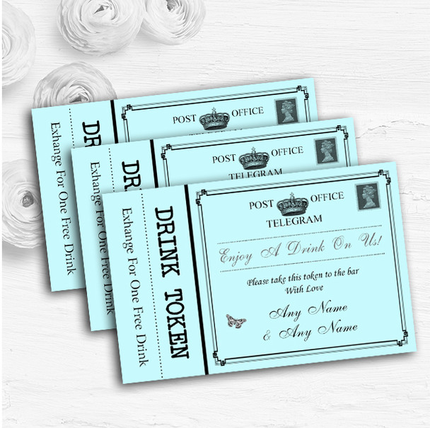 Vintage Telegram Elegant Aqua Personalised Wedding Bar Free Drink Tokens