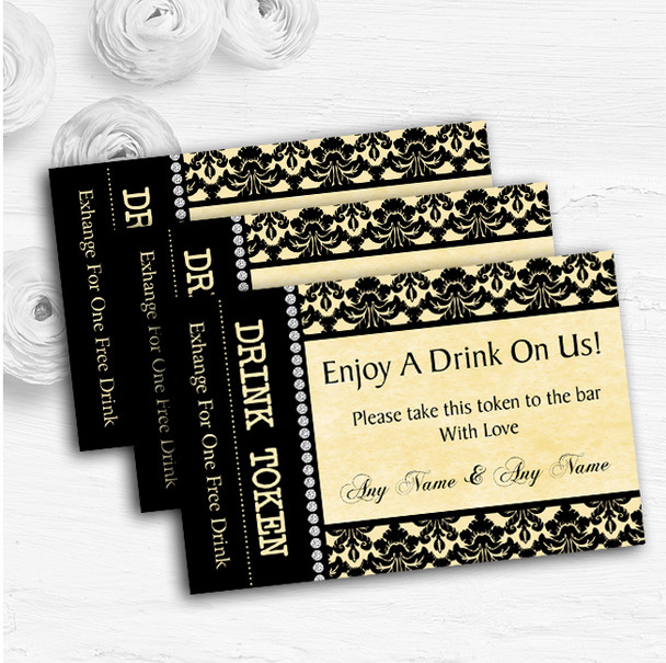 Yellow Black Damask & Diamond Personalised Wedding Bar Free Drink Tokens