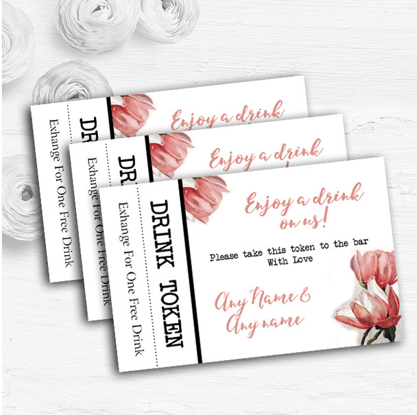 Watercolour Coral Magnolias Personalised Wedding Bar Free Drink Tokens