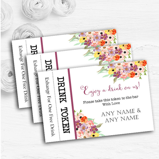 Floral Watercolour Bouquet Personalised Wedding Bar Free Drink Tokens