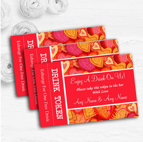 Orange Red And Pink Hearts Personalised Wedding Bar Free Drink Tokens