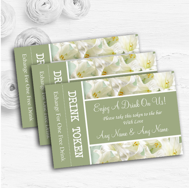 White And Green Calla Lily Personalised Wedding Bar Free Drink Tokens