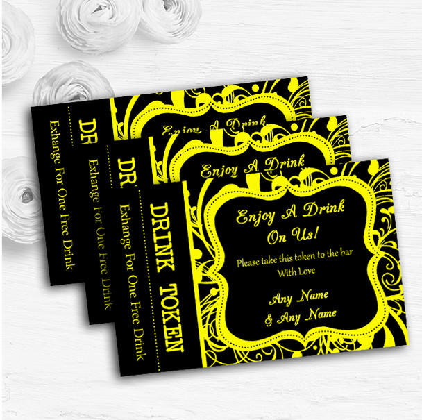 Black & Yellow Swirl Deco Personalised Wedding Bar Free Drink Tokens