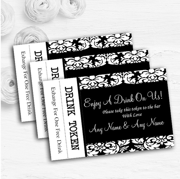 Floral Black White Damask Personalised Wedding Bar Free Drink Tokens