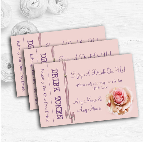 Pink Lilac Flower In Hand Personalised Wedding Bar Free Drink Tokens