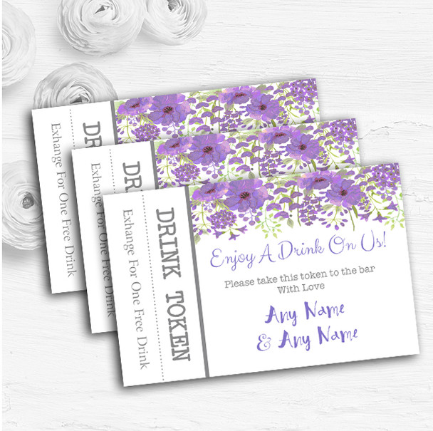 Watercolour Floral Purple Personalised Wedding Bar Free Drink Tokens