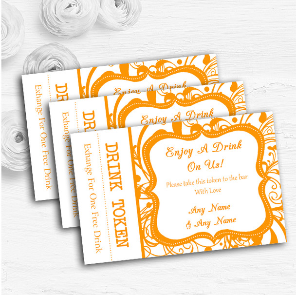 White & Orange Swirl Deco Personalised Wedding Bar Free Drink Tokens