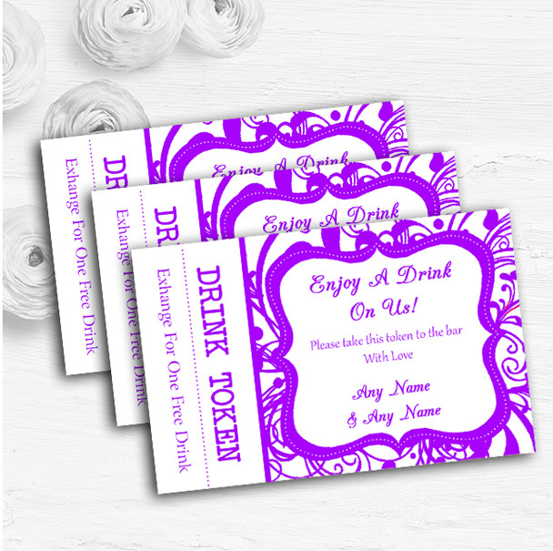 White & Purple Swirl Deco Personalised Wedding Bar Free Drink Tokens