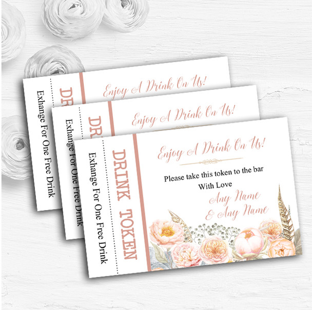 Coral Pink Peach Peonies Personalised Wedding Bar Free Drink Tokens