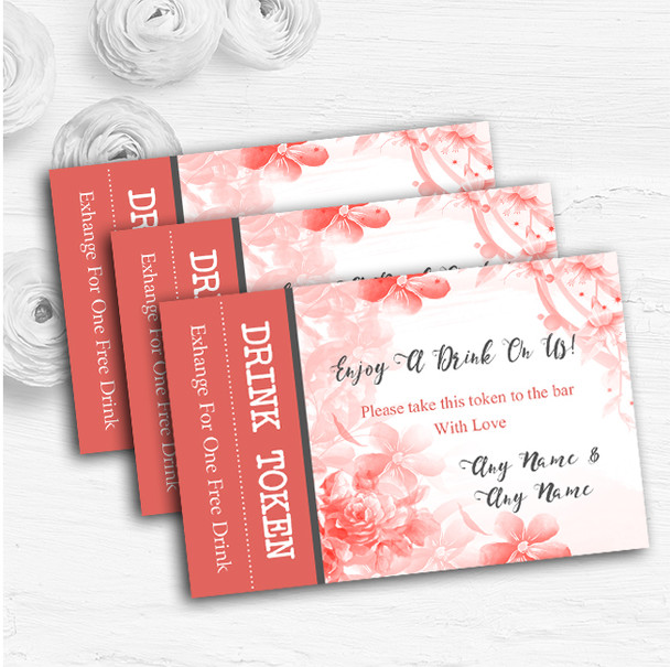 Coral Watercolour Floral Personalised Wedding Bar Free Drink Tokens
