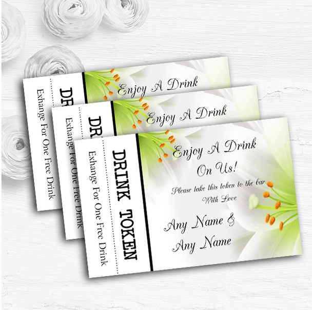 Subtle White Lily Flower Personalised Wedding Bar Free Drink Tokens
