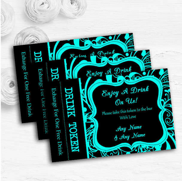 Black & Aqua Swirl Deco Personalised Wedding Bar Free Drink Tokens